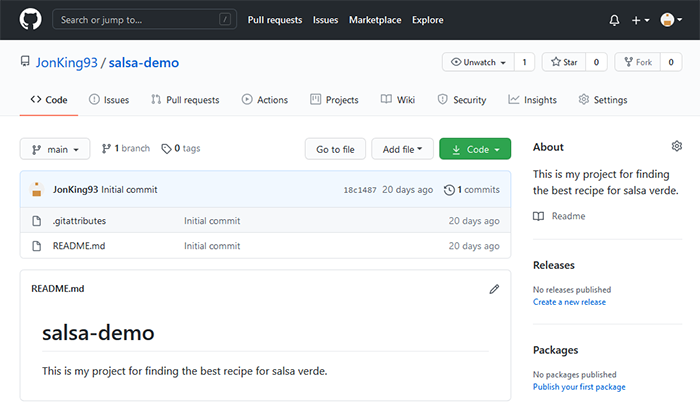 The page for the demo repo on Github's website.